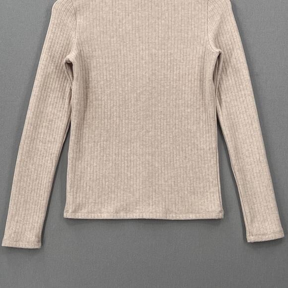 VINCE Ribbed Half Zip Turtleneck Long Sleeve Top Womens Small Tan Stretch Knit - Picture 8 of 16